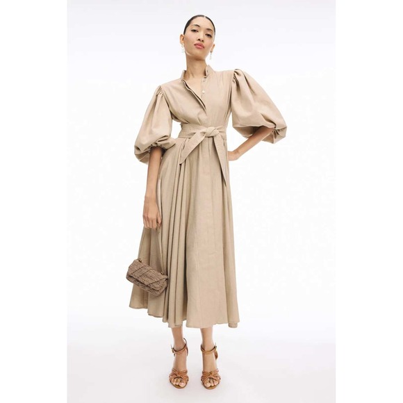 NO PISE LA GRAMA Bromelia Beige Linen Puffed Sleeve Midi Shirt Dress Size 10